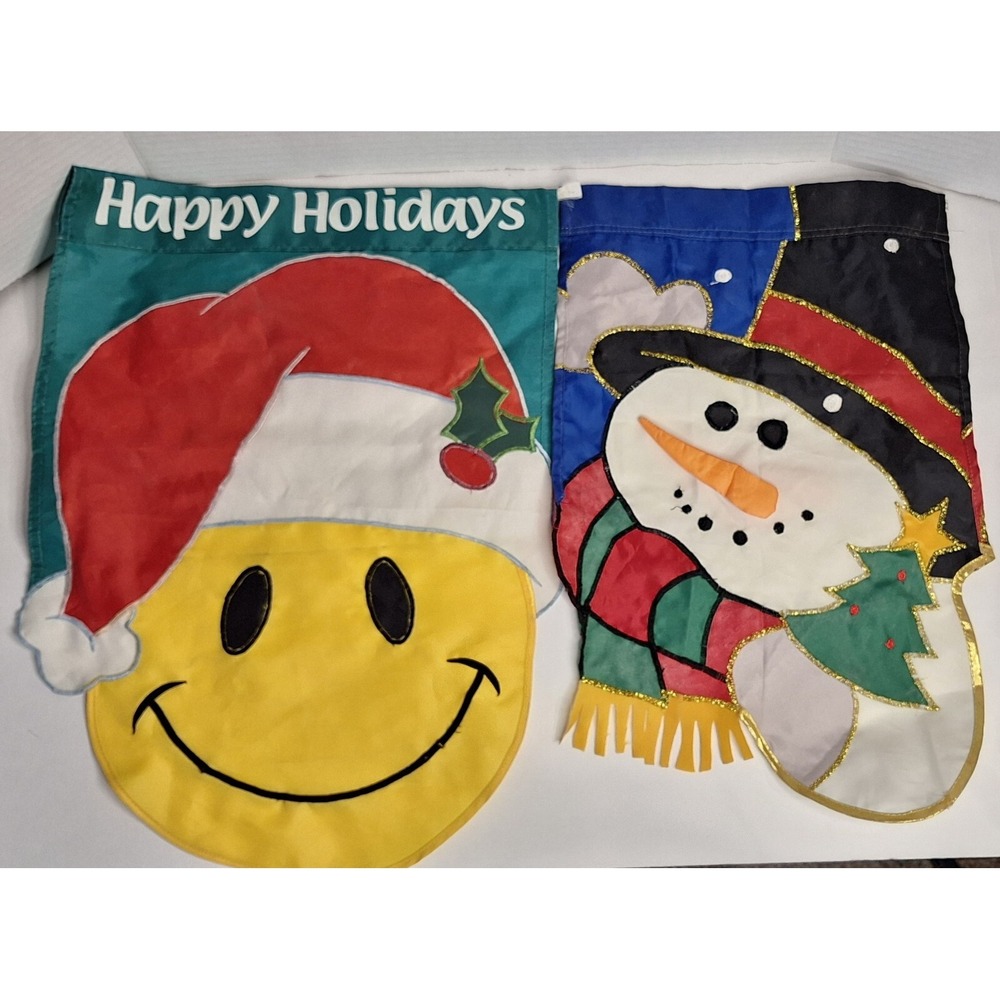 Lot Of Two Mini Garden Flags Snowman Smiley Xmas Winter Holidays